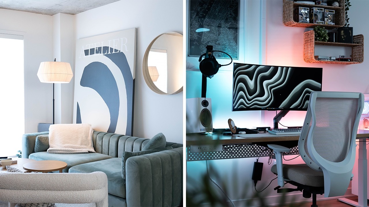 Modern smart home devices including smart lighting, speakers, and automation hubs in contemporary living room setup