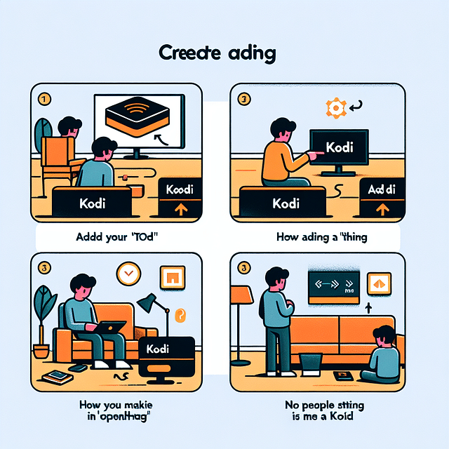 Step-by-step visual guide showing adding Kodi as a Thing in openHAB