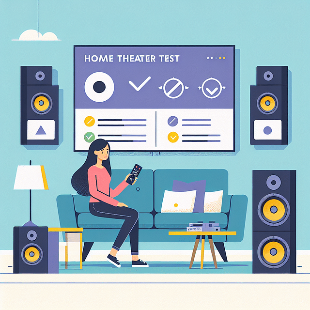 Scene of a person testing a home theater setup with a remote in hand