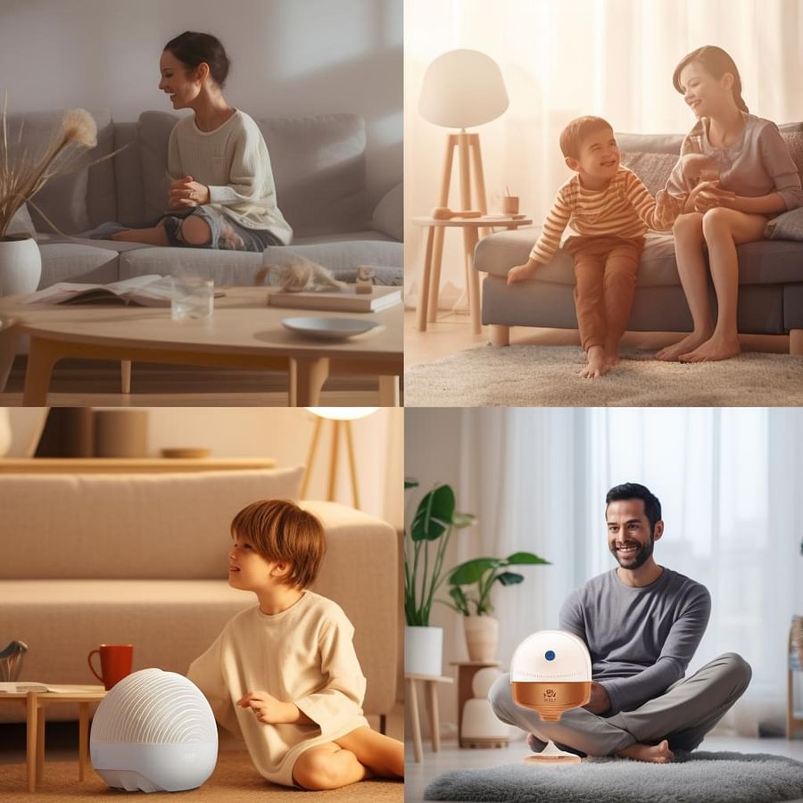 A collage of various smart home gadgets, including an air purifier, humidifier, and smart sensors, working together to improve indoor air quality in a cozy living room setting. The image also shows a family enjoying their time together in the clean and healthy environment.