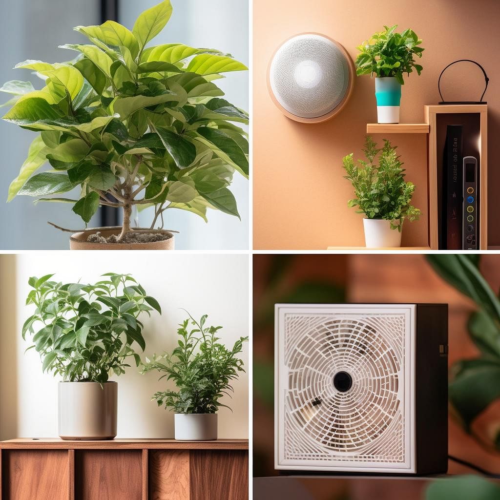 A collage of DIY smart home projects for improving indoor air quality, including a Raspberry Pi air quality monitor, a Wi-Fi enabled smart air purifier, a living plant wall with an automatic irrigation system, and a homemade air filter using a box fan and high-efficiency filter.