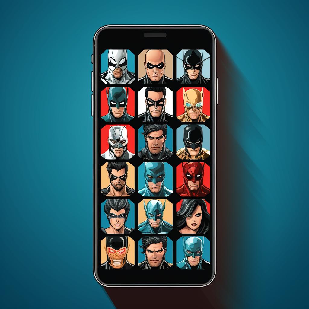 Comic book character selection on a smartphone screen